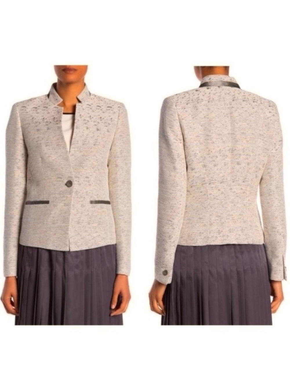 Lafayette 148 Zanna Blazer Jacket White Metallic Gray Silver Tweed Button Size 8